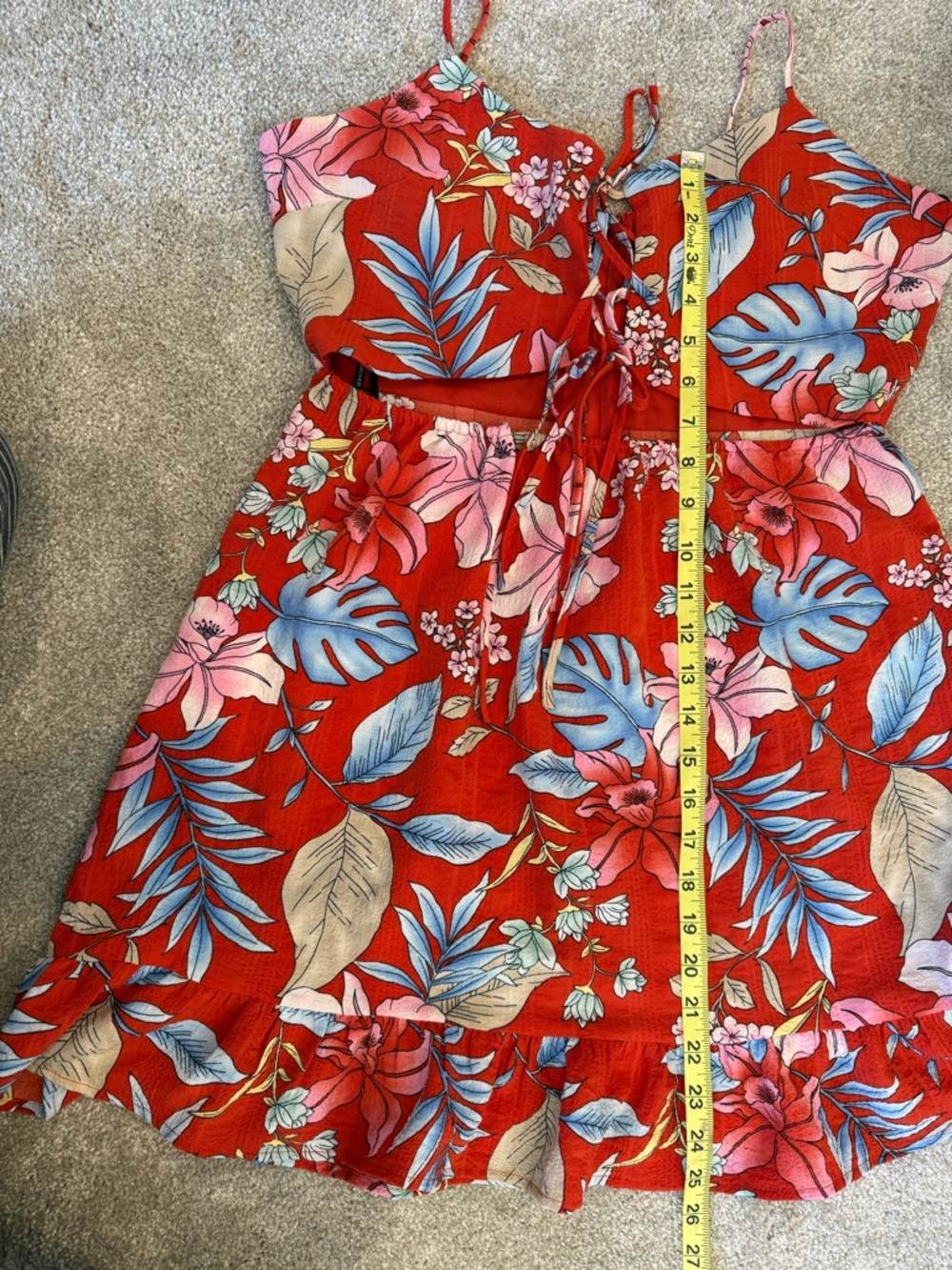 Forever 21 Tropical Floral Cutout Dress Size L Lace Up Front Ruffle Hem - Picture 5 of 6